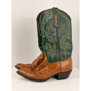 Vintage COBOS Custom Cowboy Boots 9.5D Brown Green Leather Western Handmade USA